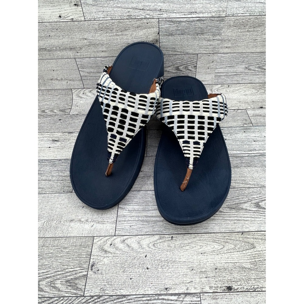FitFlop Lulu Navy White Woven Thong Sandals Microwobbleboard T95-406 Women Sz 7